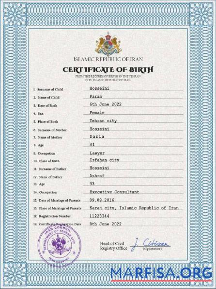Realistic Iran birth certificate PSD template